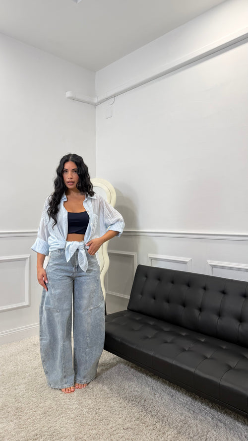 Camicia a righe semivelata Azzurra
