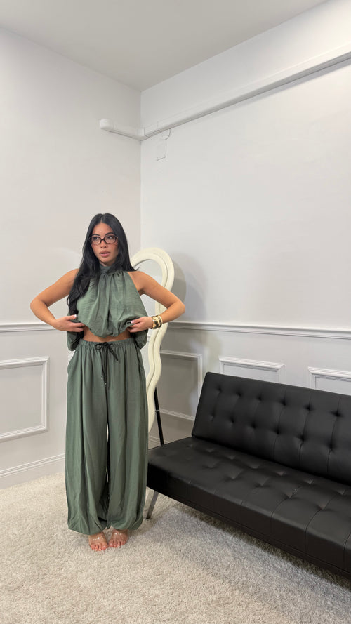 Coordinato Flow in simil lino Verde Militare